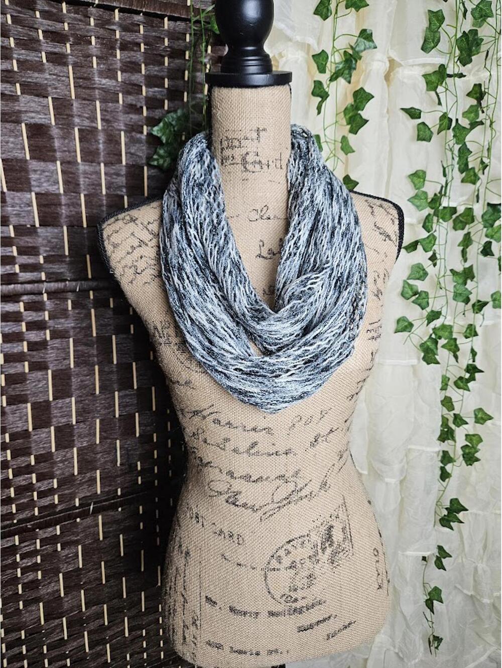 Infinity Scarf Black Gray Knit Lightweight Open Knit Scarf